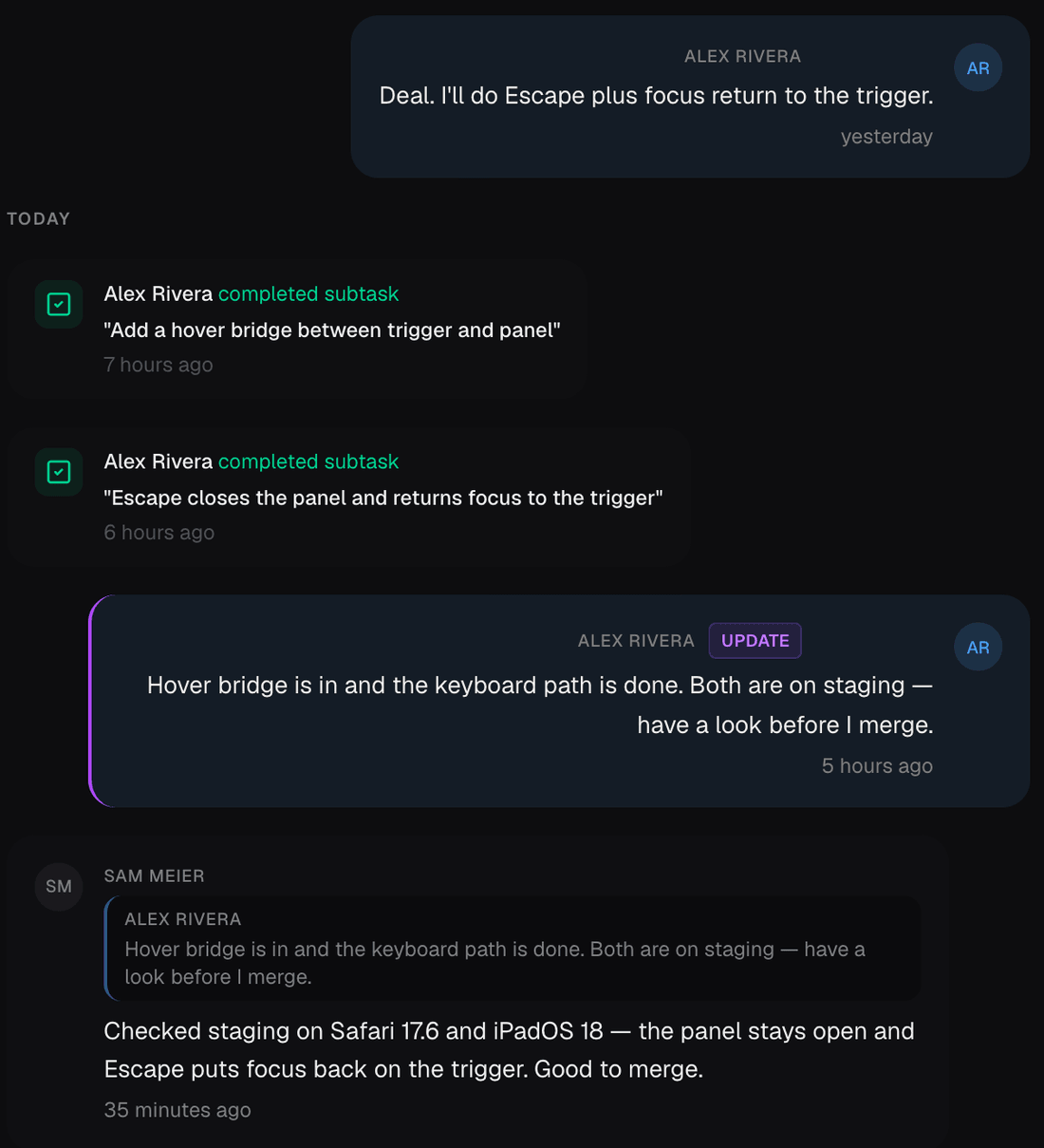 A comment thread with a quoted reply and an update badge