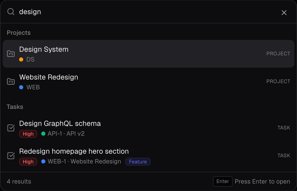 The command palette showing project and task results