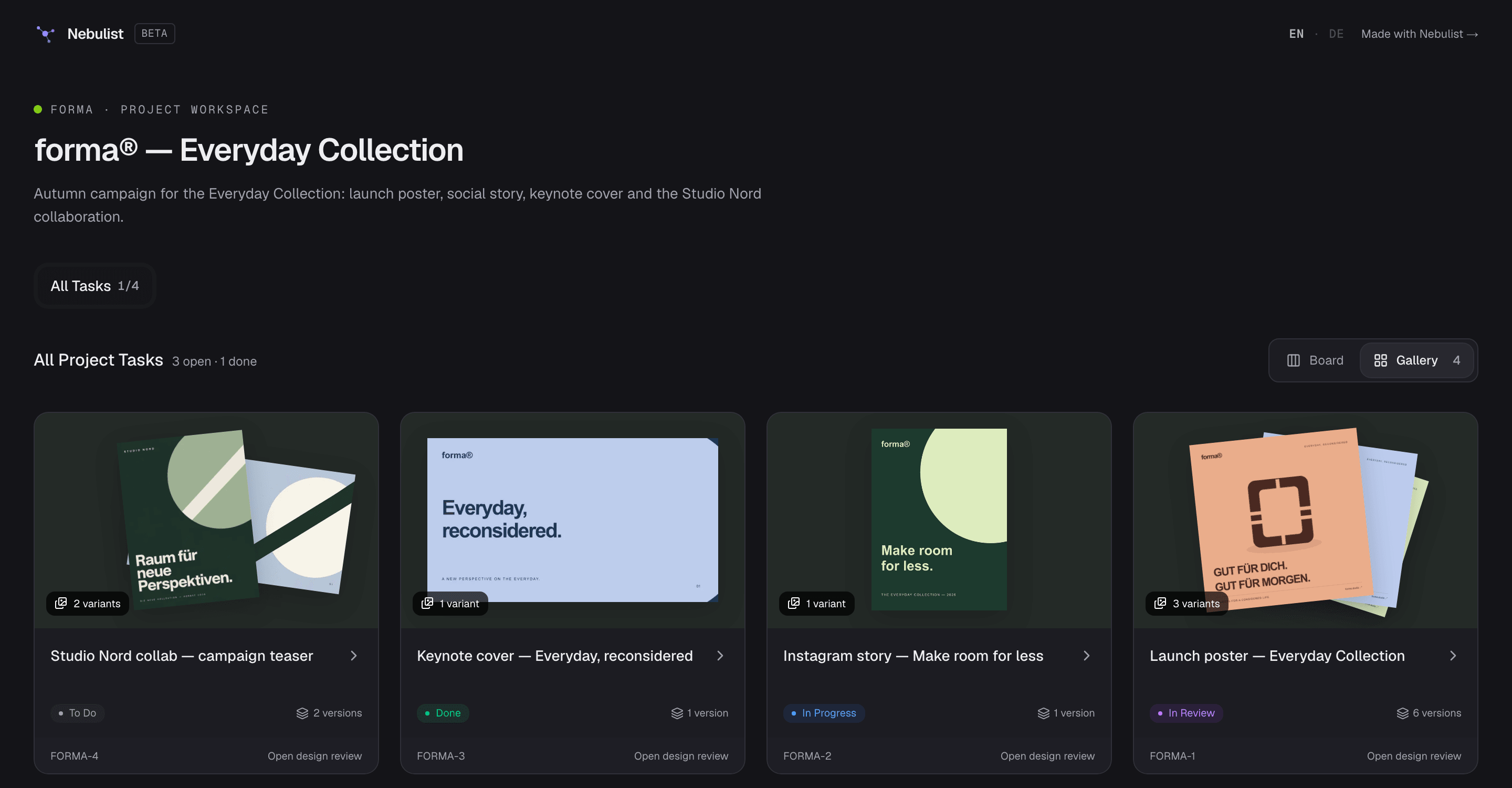 The public share page of a design project showing the gallery
