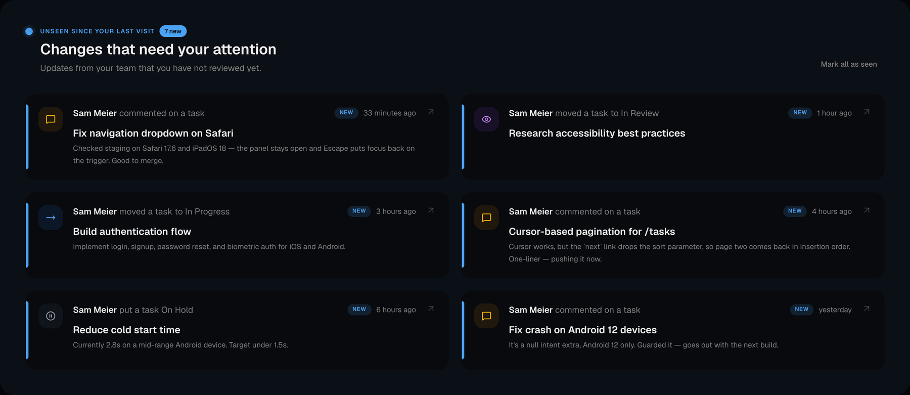 The Today dashboard listing unseen changes from a teammate