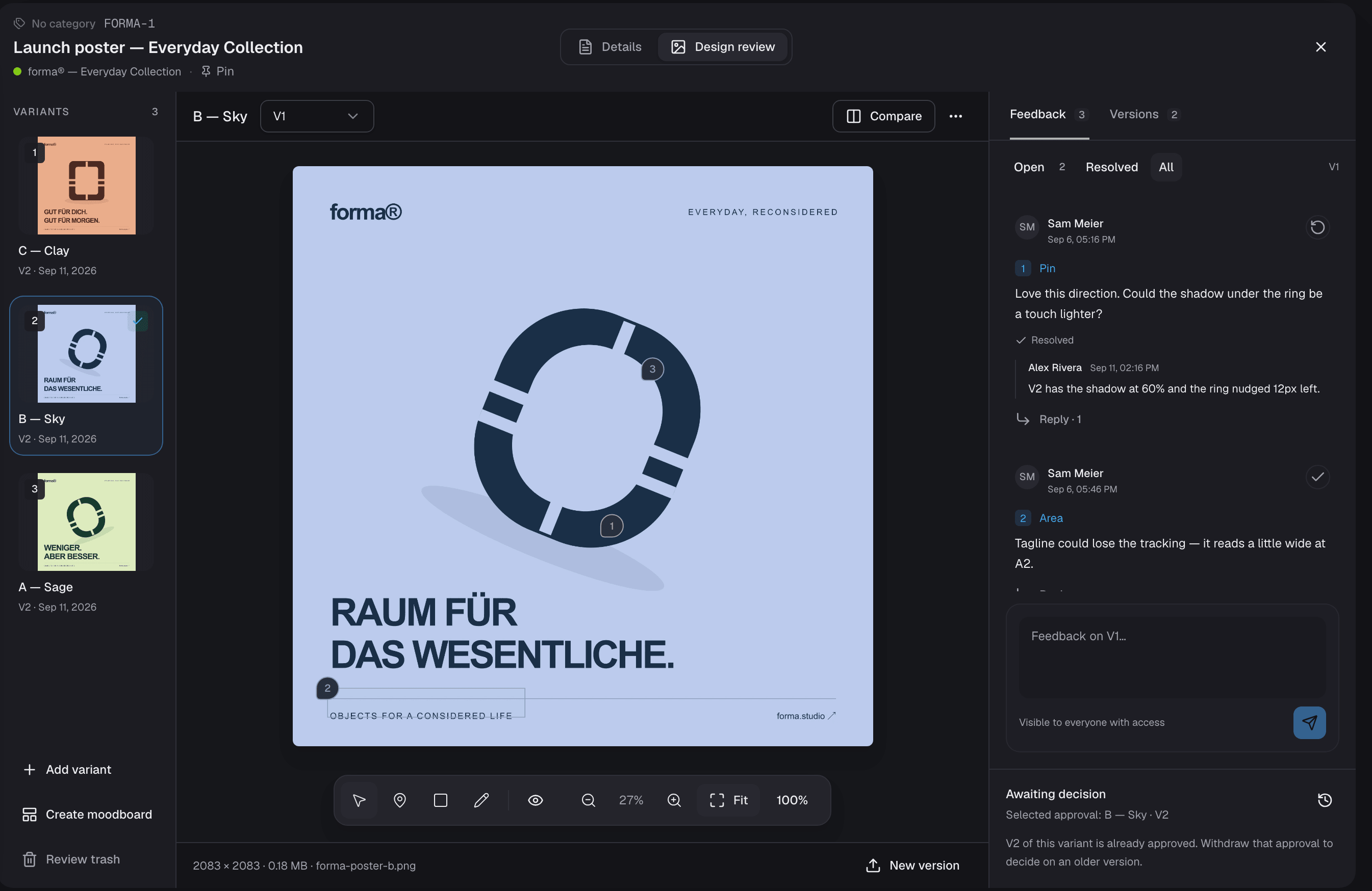 The design review workspace: three variants, pinned feedback threads with replies and the approval state
